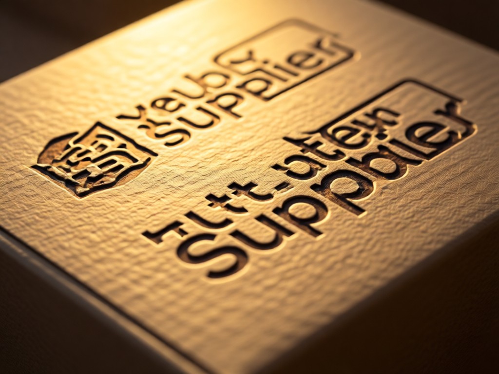 Close-up of embossed supplier logos on sustainable packaging. Shallow focus with golden backlighting.
