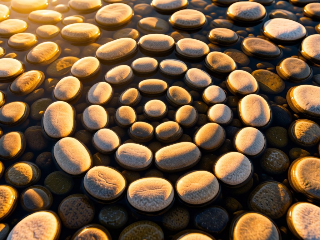 An aerial view of artistically arranged pebbles forming a spiral on smooth river stones. Golden hour sunlight creates warm tones and soft shadows, symbolizing harmony and focus. No people.