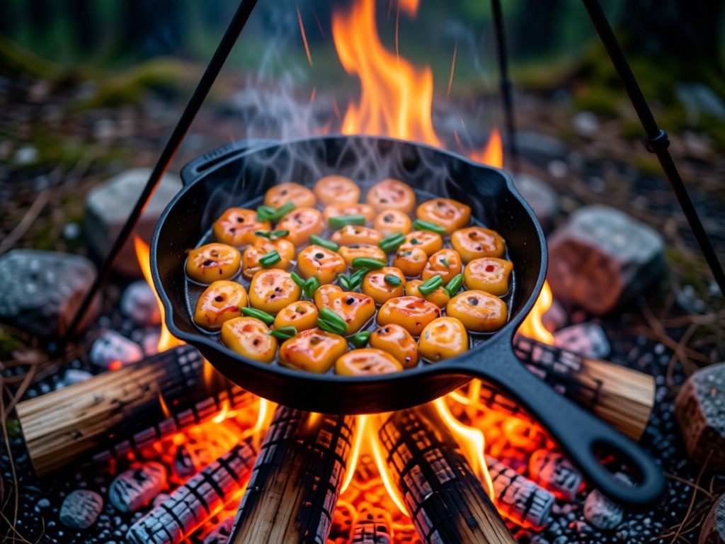 Overhead view of campfire cooking: cast-iron skillet with steaming food. Embers glow in soft focus. Cozy wilderness atmosphere. No people.