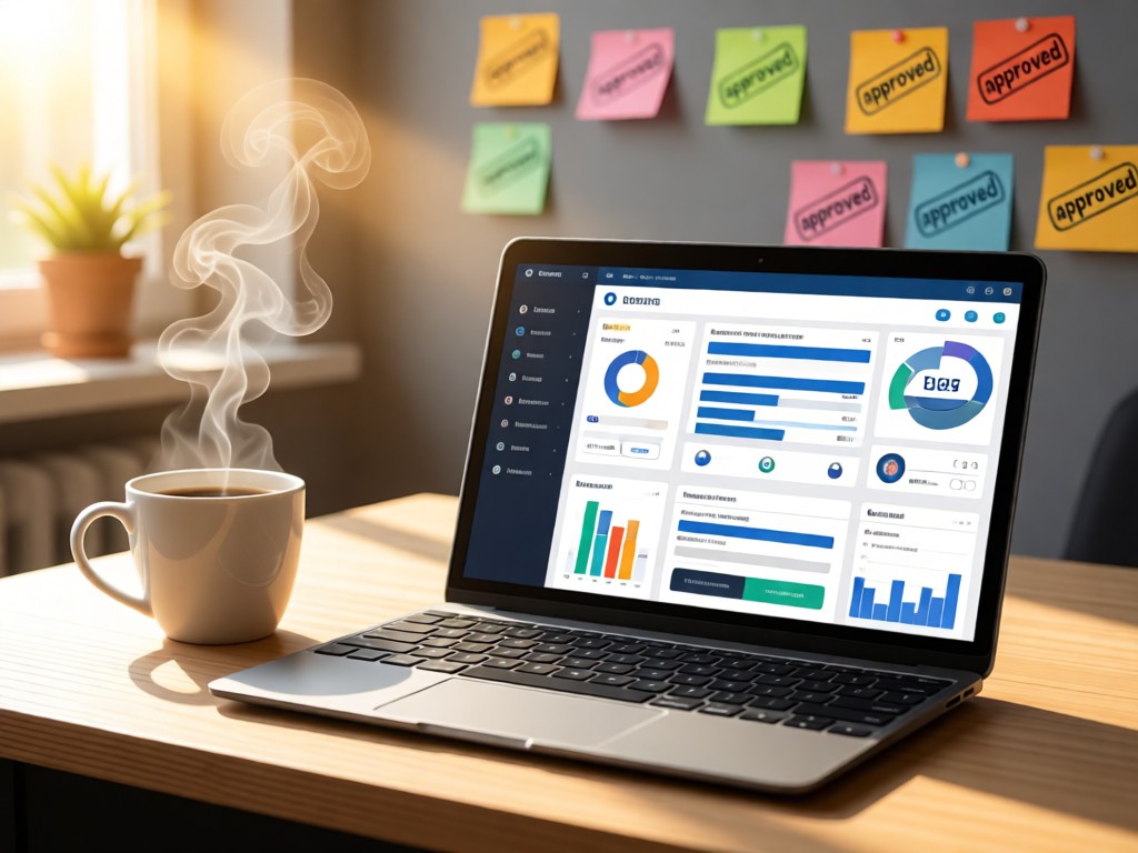Open laptop showing clean dashboard interface beside coffee mug. Morning light illuminates steam rising. Sticky notes with 'approved' stamps in background. Focus on user-friendly technology.
