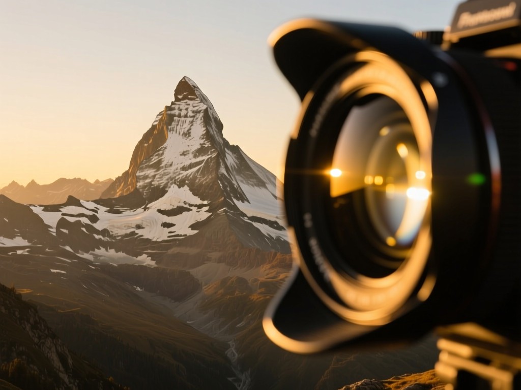 A professional cinema lens focused on a distant mountain peak at golden hour, shallow depth of field, warm sunlight glinting on glass elements, symbolizing clarity and professional vision, no people.