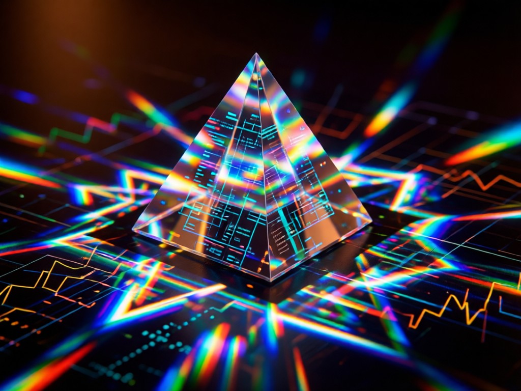 A crystal prism casting colorful data-like reflections on a dark surface. Geometric light patterns overlap with subtle digital graphs. Moody yet warm lighting. No people.