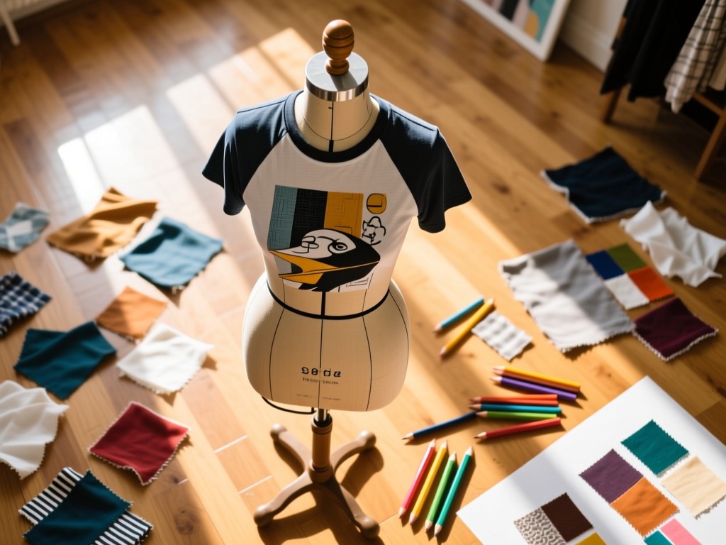 An aerial view of a single artist's mannequin torso wearing a graphic tee, surrounded by scattered fabric swatches and colored pencils on a sunlit wooden floor. Represents creative focus. No people.