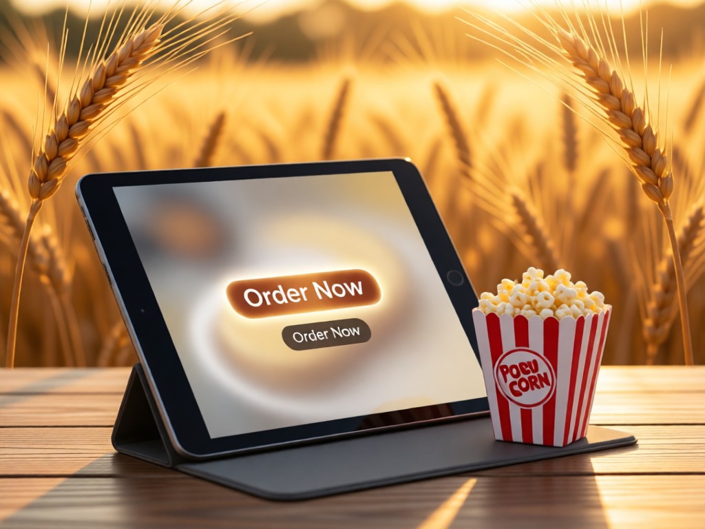 Stylish tablet showing a 'Order Now' button beside a miniature popcorn bag. Soft focus background with wheat stalks. Golden hour warmth. No people.