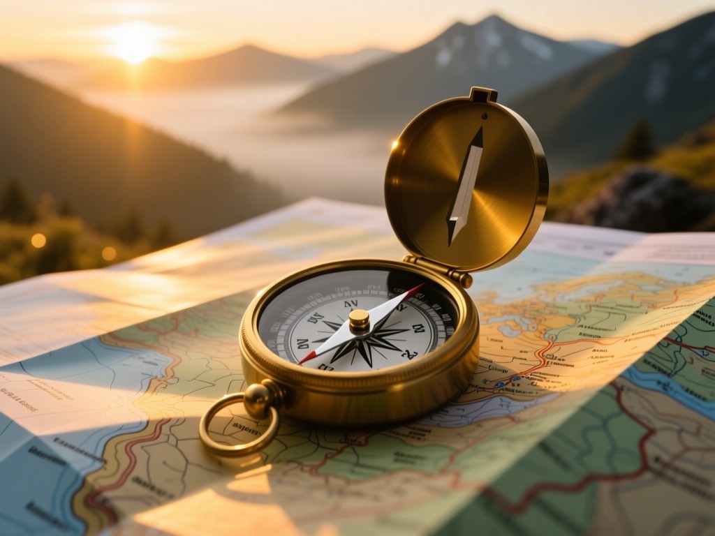 A compass resting on a topographic map at sunrise, golden light illuminating the needle pointing north, misty mountain backdrop, warm natural lighting, adventure symbolism, no text.