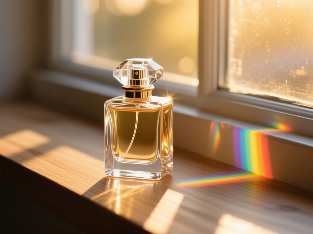 A crystal perfume bottle refracting sunlight on a windowsill during golden hour, rainbow patterns on wood surface, shallow depth of field, minimalist aesthetic.