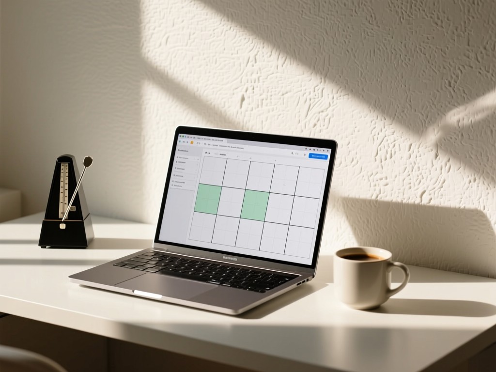 Minimalist desk with open laptop showing a clean project grid. A metronome and coffee cup nearby. Sunlight creates soft shadows on textured wall. No people.