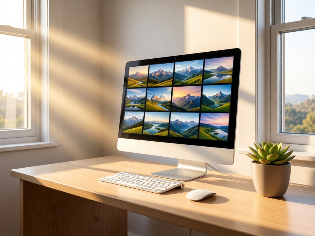 A minimalist desk with a sleek monitor displaying a grid of landscape photos. Morning light streams through nearby windows, illuminating a potted succulent beside the keyboard. No people.