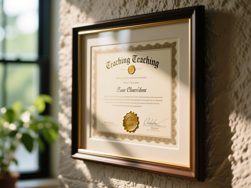 Close-up of framed teaching certificates on a textured wall. Natural light accentuates gold seals and embossed text. Slightly blurred greenery visible through a window. No people.