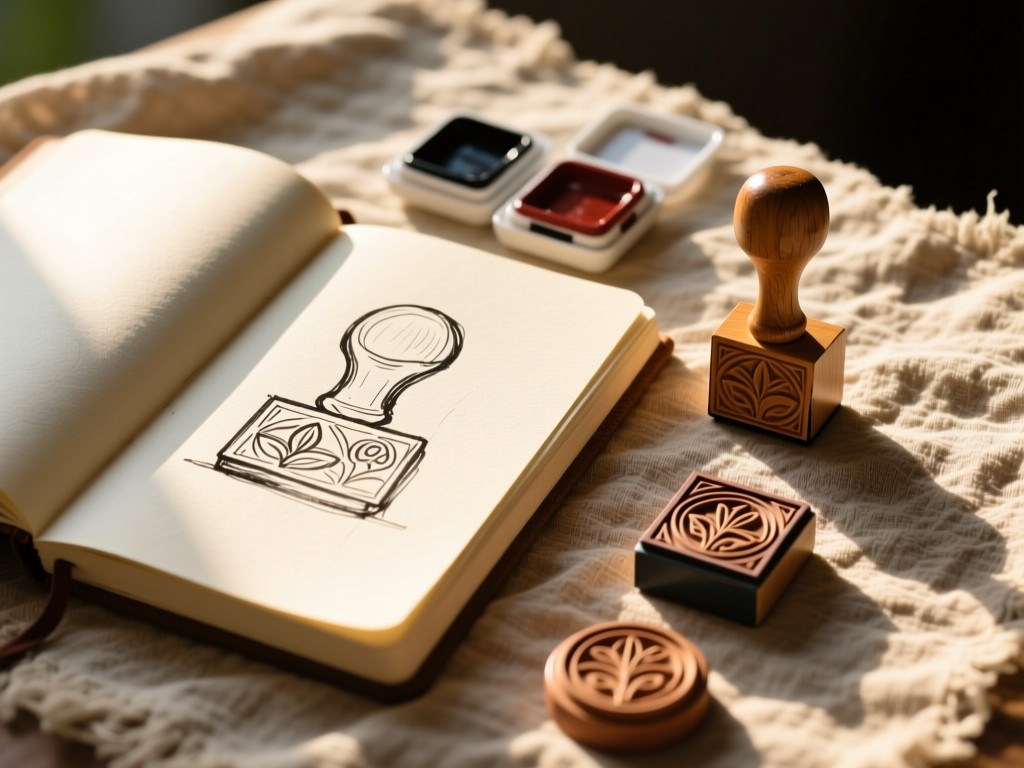 An open sketchbook beside hand-carved stamps and ink pads on a textured linen cloth. Late afternoon sun highlighting paper textures, shallow focus, warm natural palette.