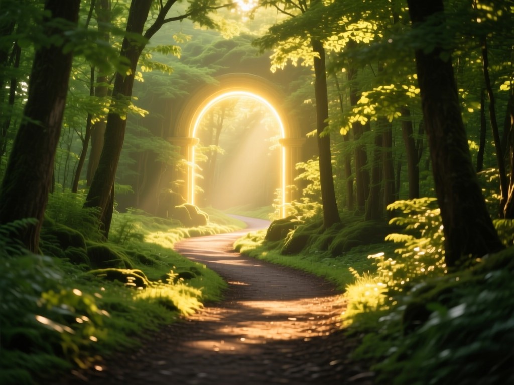 A winding forest path illuminated by dappled golden hour sunlight, leading toward a glowing archway, symbolic of discovery and opportunity, vibrant greens, soft shadows, no human elements.
