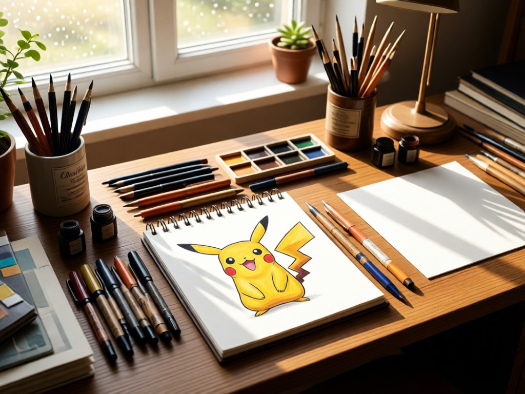 An organized art desk: ink pens, sketchpad with Pikachu drawing, and blank card stock. Morning light through a window. Focus on creative tools.
