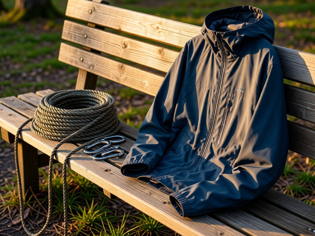 A neatly arranged collection of outdoor gear: coiled ropes, carabiners, and a weatherproof jacket on a rustic bench. Soft afternoon light highlights textures. No people.