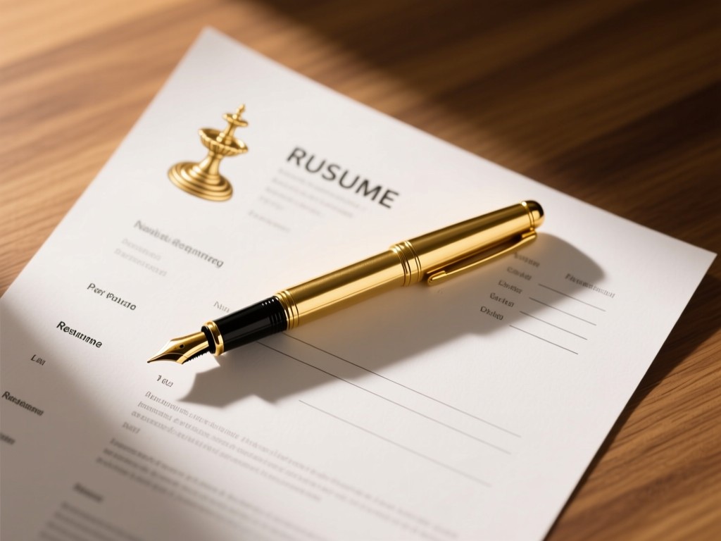 An aerial view of a gold fountain pen resting on a crisp resume paper. Soft light highlights the pen's elegant details and paper texture. Clean wooden background. Represents professionalism. No people.