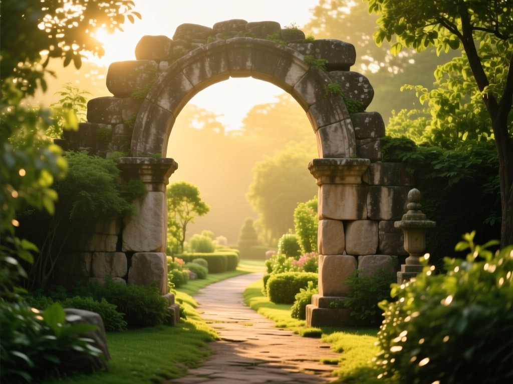 Ancient stone archway leading to a sunlit garden path, symbolizing spiritual gateway and growth, golden hour haze, vibrant greens, no people or text.