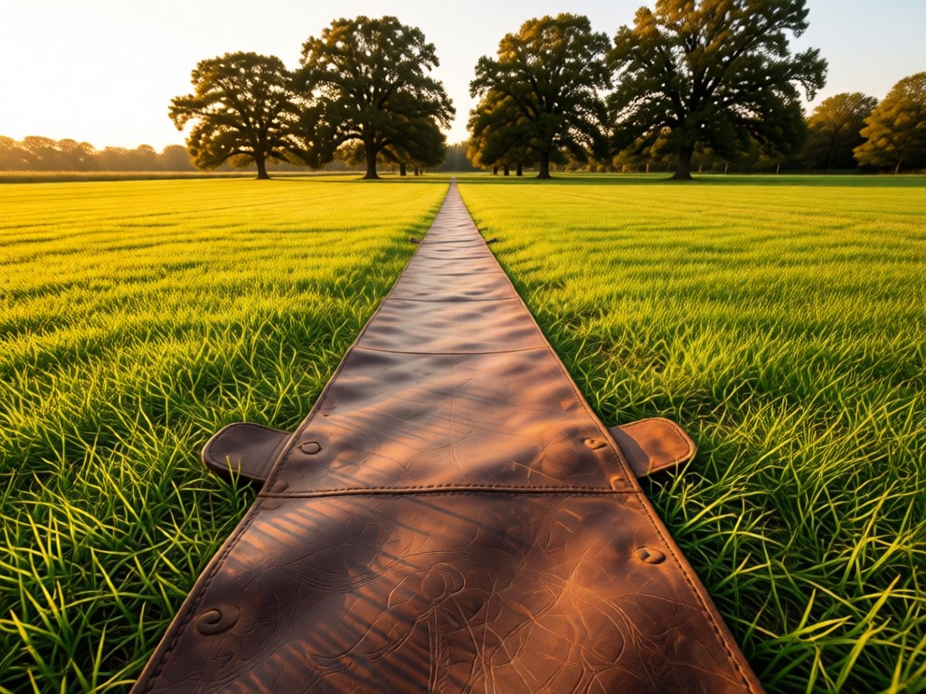 Aerial view of a well-worn leather show lead laid straight on freshly mowed grass at golden hour, leading toward distant oak trees. Represents clear paths and professionalism. No people or dogs.