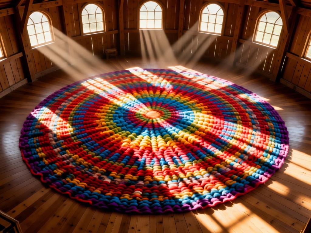 Aerial view of vibrant wool blankets arranged in concentric circles on a wooden barn floor. Sunlight streams through high windows, creating dynamic shadows. The patterns radiate outward like a color wheel. No people.