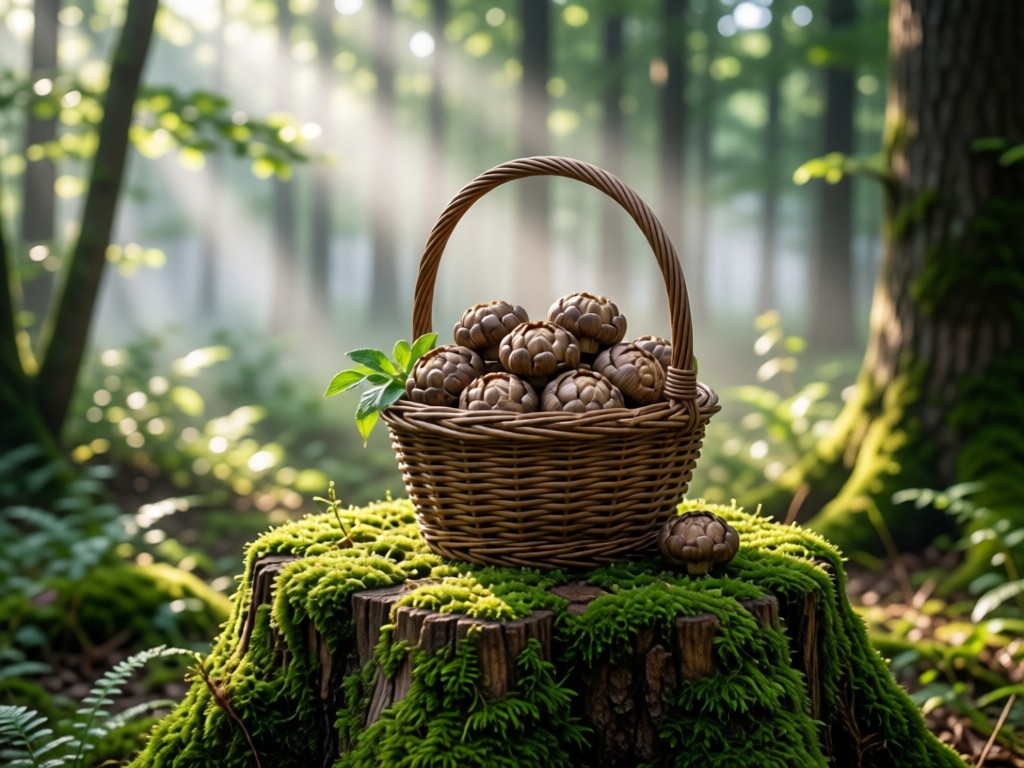 A rustic basket filled with portabellas on a mossy tree stump in dappled forest light. Morning mist rises in the soft-focus background. Earthy green tones dominate. No people.
