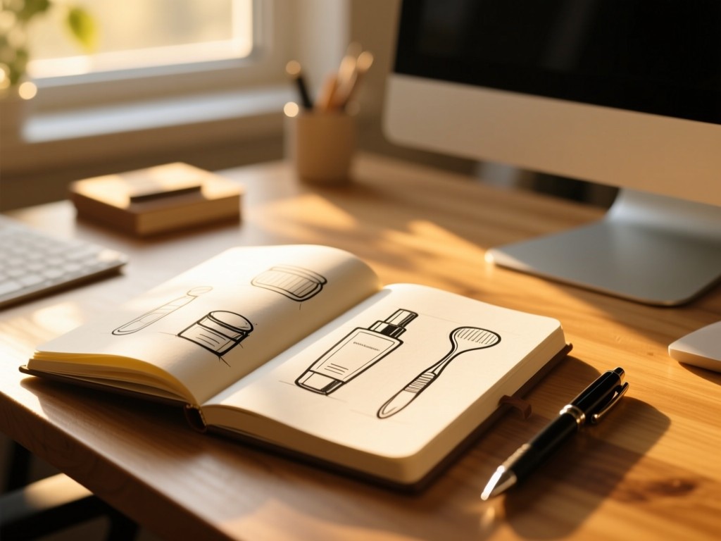 An open journal with sketched diagrams of skincare tools beside a pen on a wooden desk, golden hour light streaming through window, soft focus, warm tones, creative workspace.
