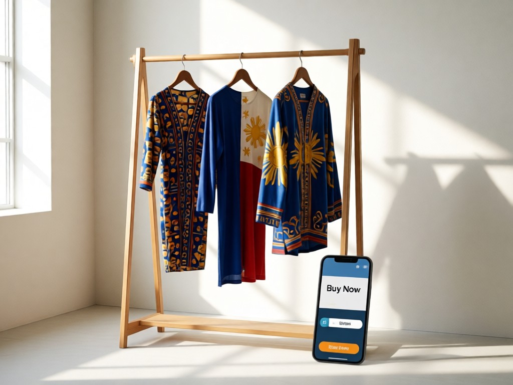 A minimalist clothing rack holding three Filipino-designed garments, with a smartphone displaying a 'Buy Now' button propped against it. Soft natural lighting. No people.