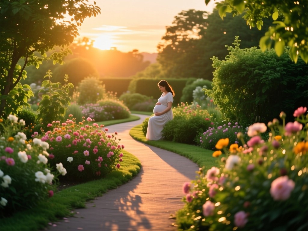 A winding garden path at sunset with blooming flowers, soft golden light casting long shadows, symbolizing discovery and growth in motherhood, vibrant green foliage, no people.