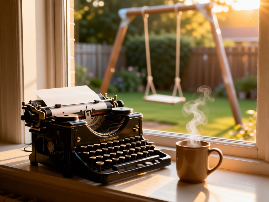 A vintage typewriter beside a steaming mug on a windowsill. Outside, a blurred backyard swing sways gently. Warm afternoon glow. No people.