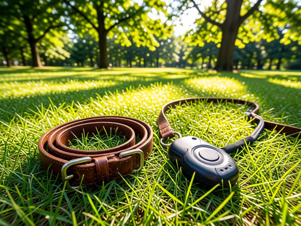 A well-worn leather dog leash and training clicker resting on sunlit grass in a park. Wide-angle with dappled light through trees. Symbolizes connection and outdoor pet services. No people.