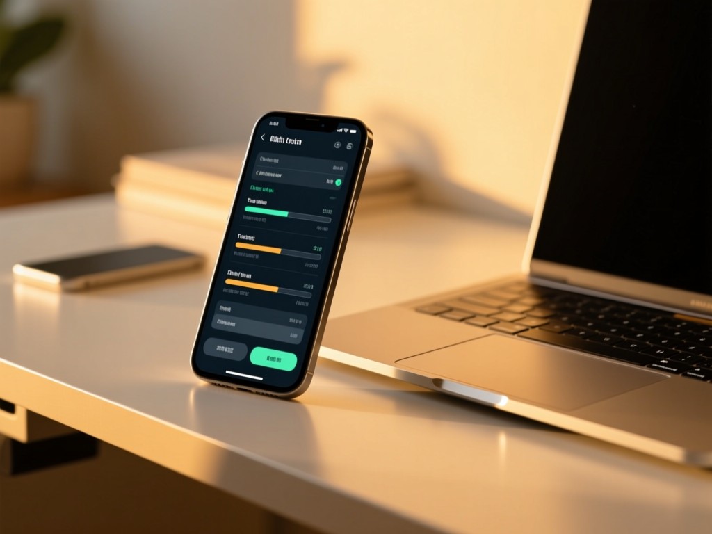 A minimalist desk with a smartphone displaying organized tech specs at golden hour, warm light reflecting off a metallic laptop, shallow depth of field, no people.