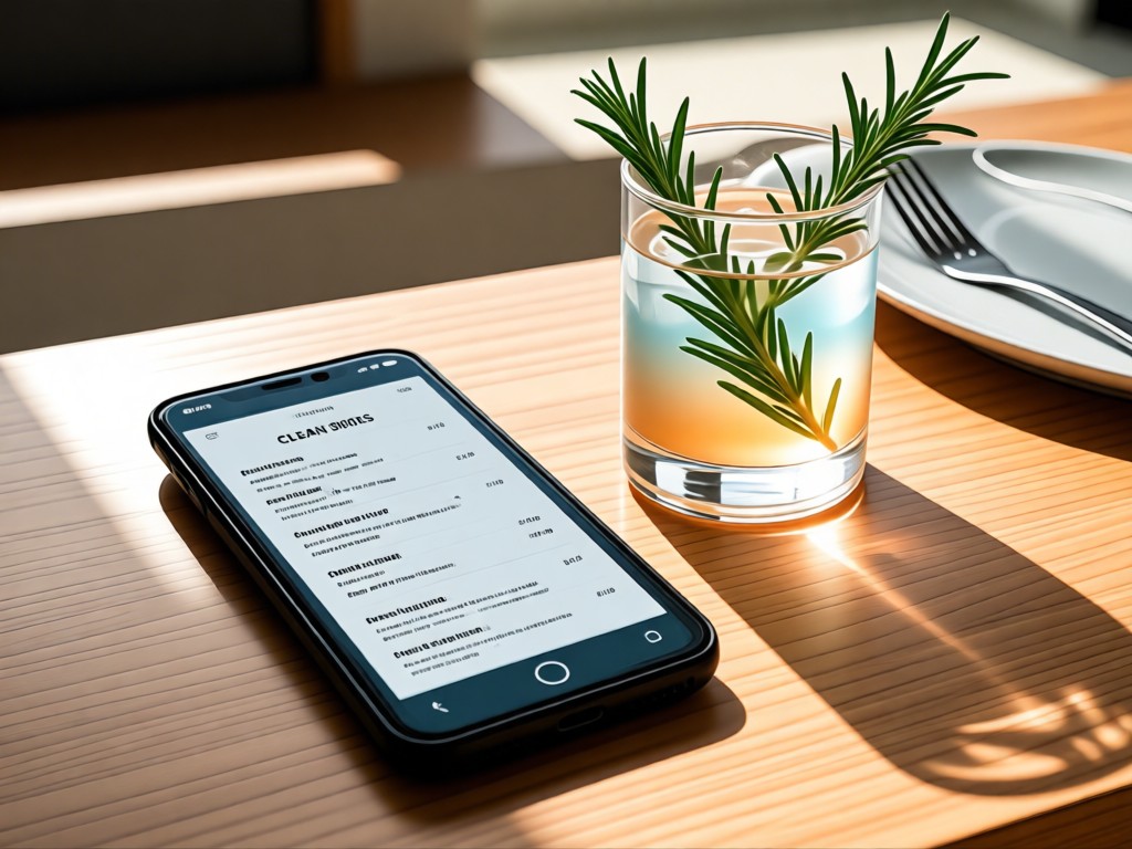 Smartphone displaying a clean spirits menu beside a cocktail garnished with rosemary. Natural light highlights the screen. Minimalist table setting in background. No people.