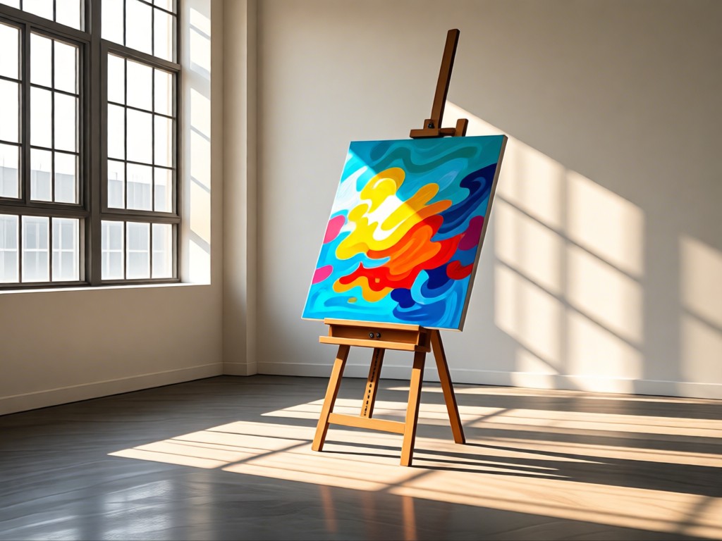 A minimalist easel holding a colorful abstract canvas in a sunlit studio. Morning light streams through tall windows, casting soft shadows on polished concrete floors. No people.