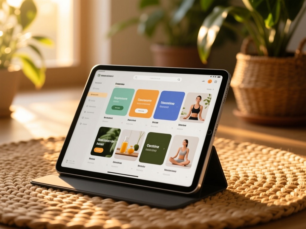 A sleek tablet on a woven rug during golden hour, displaying categorized wellness content tiles, soft sunlight filtering through plants, warm natural tones, shallow depth of field, no people.