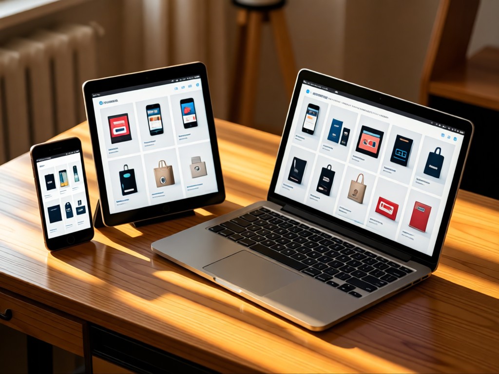 Three devices (phone, tablet, laptop) displaying a clean product grid on a wooden desk. Golden hour light creates warm reflections. No people.