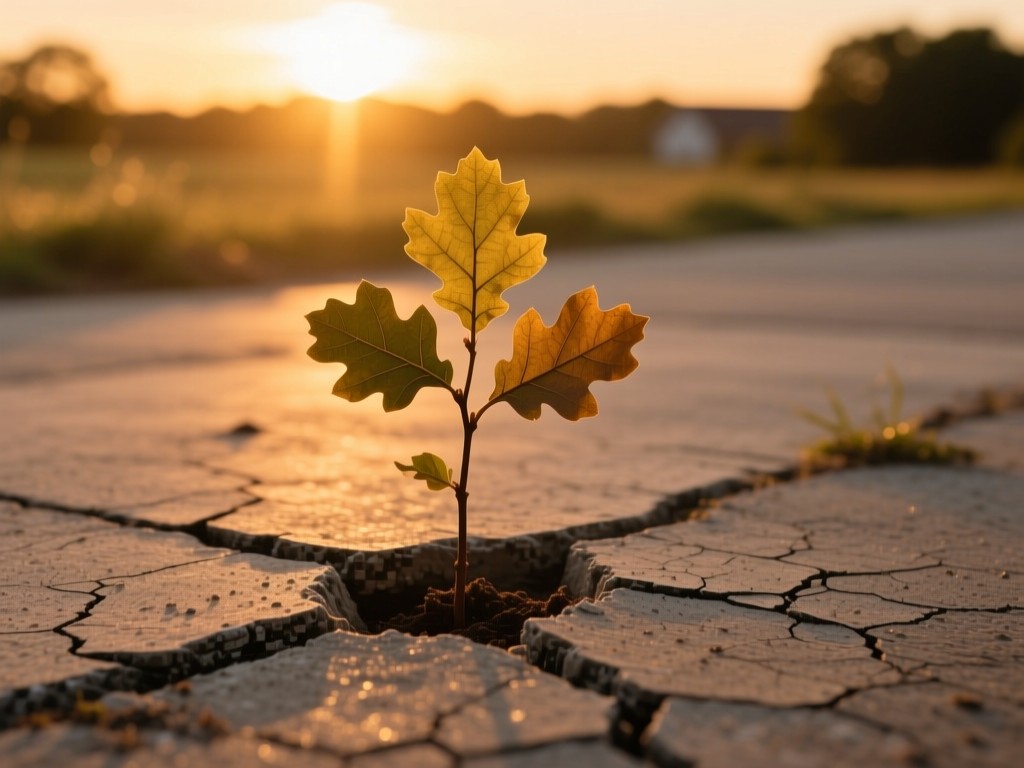 A single oak sapling growing through concrete under golden sunset light, symbolizing entrepreneurial resilience, shallow focus, warm earthy tones, cracked pavement texture.