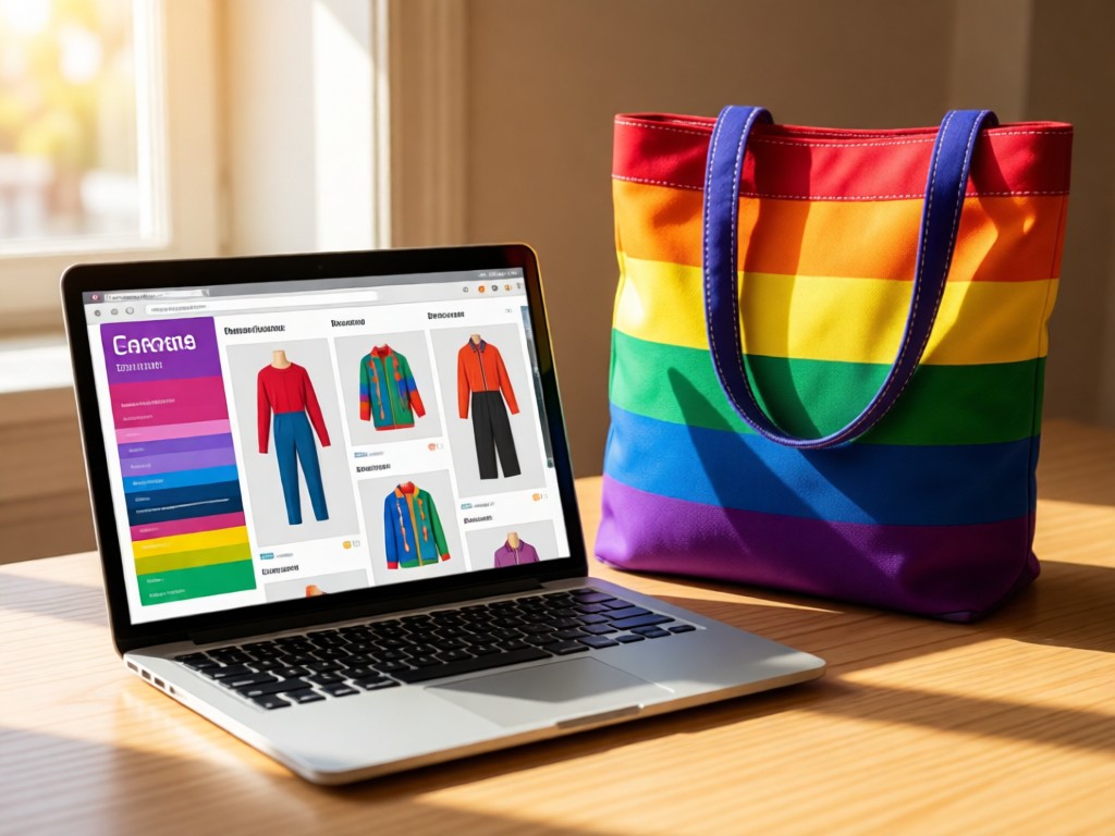 An open laptop displaying a colorful clothing store interface. Beside it, a rainbow tote bag with visible stitching details. Warm natural light creates inviting shadows. No people.