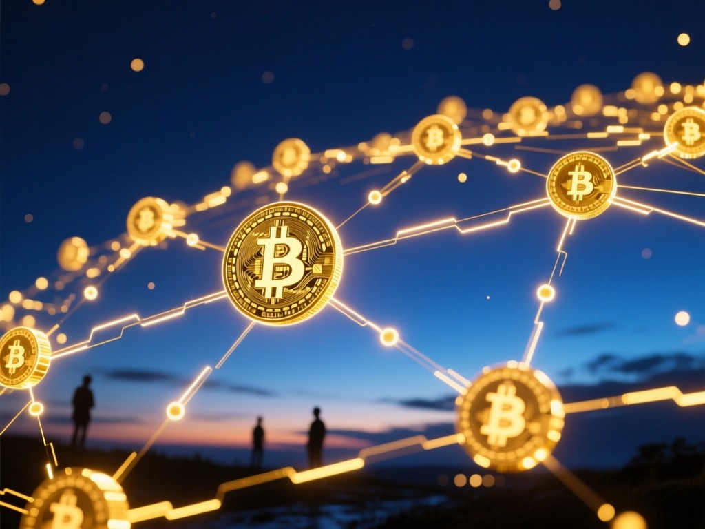 A glowing digital blockchain network against a deep blue twilight sky, golden light tracing connections between nodes, symbolizing discovery and technology, no people.