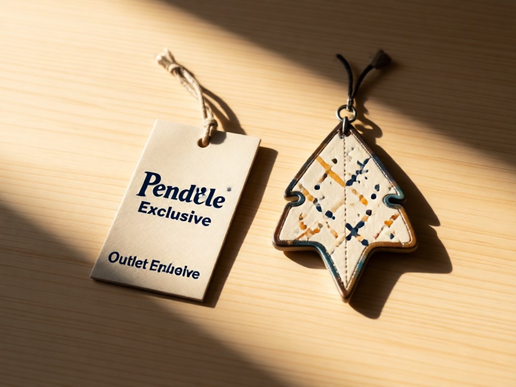 A minimalist display of a Pendleton tag with 'Outlet Exclusive' text beside an arrowhead souvenir. Warm natural light creates soft shadows. No people.
