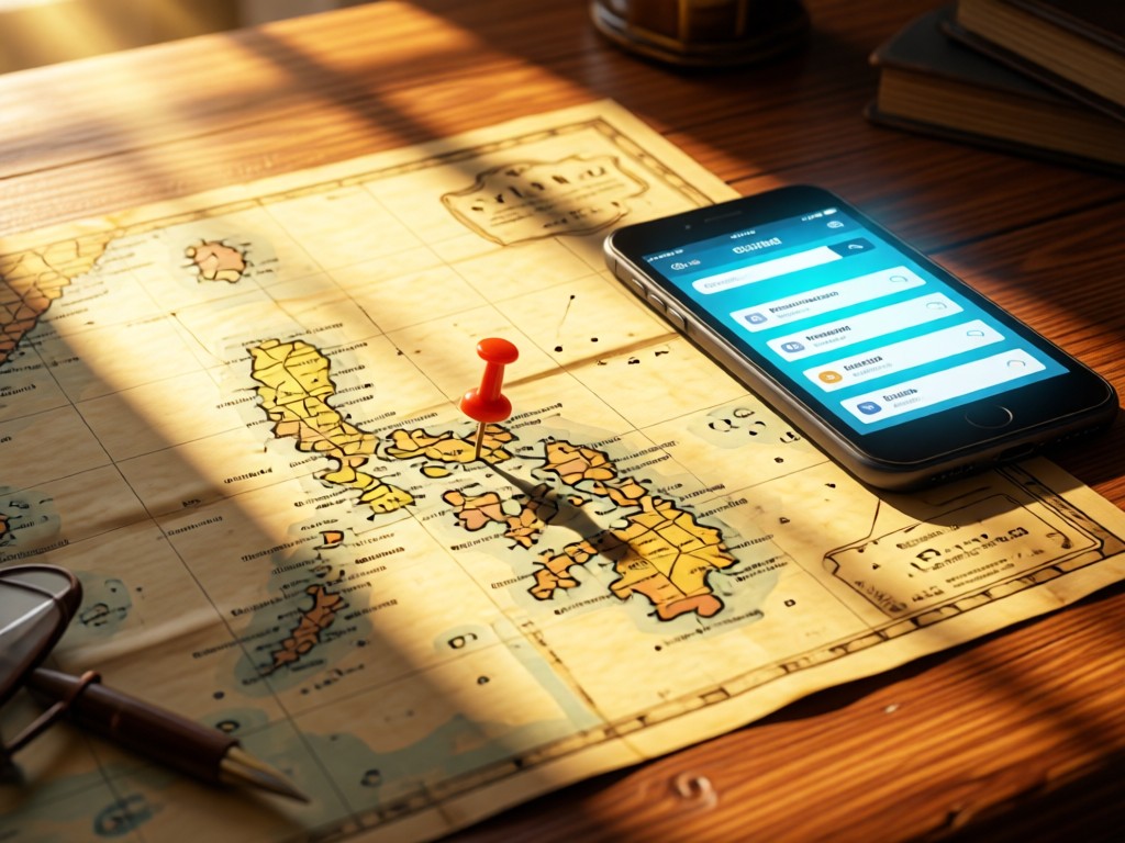 A vintage map of the Philippines with a pushpin on Manila, next to a glowing smartphone showing search results. Warm sunlight streams across a wooden desk. No people.