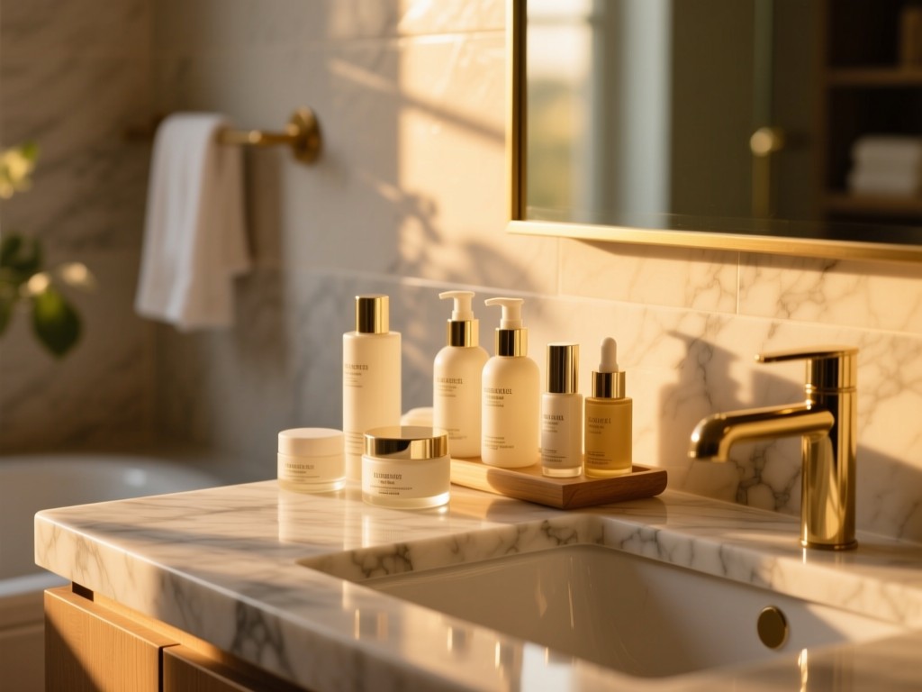 Neatly arranged skincare bottles on a marble bathroom counter during golden hour, soft sunlight illuminating the textures, shallow depth of field, warm tones, minimalist spa aesthetic, no people or text.