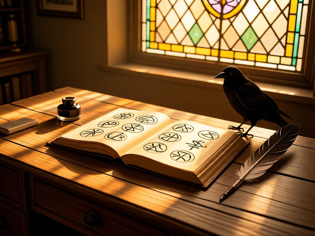 A rustic desk with open grimoire pages featuring hand-drawn sigils. Vintage inkwell and crow feather quill beside it. Golden hour light through leaded glass. No people.