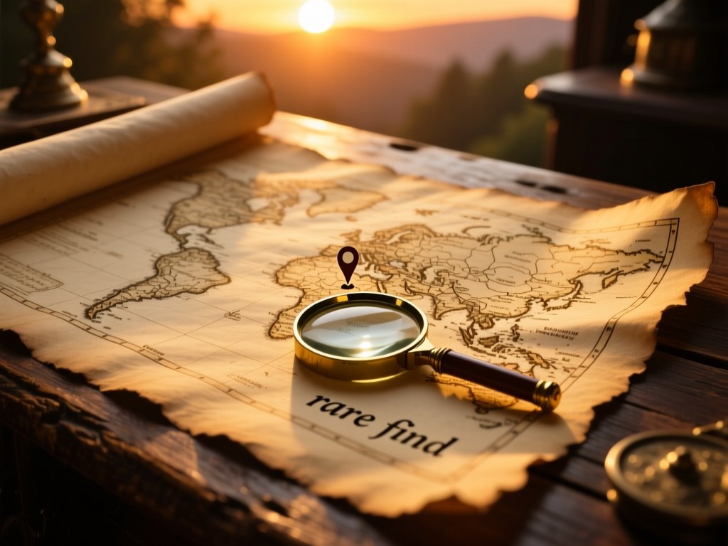 Antique treasure map unfurled on a rustic desk at sunset, magnifying glass resting on a 'rare find' marked location, warm golden tones, soft shadows, parchment texture, no text.