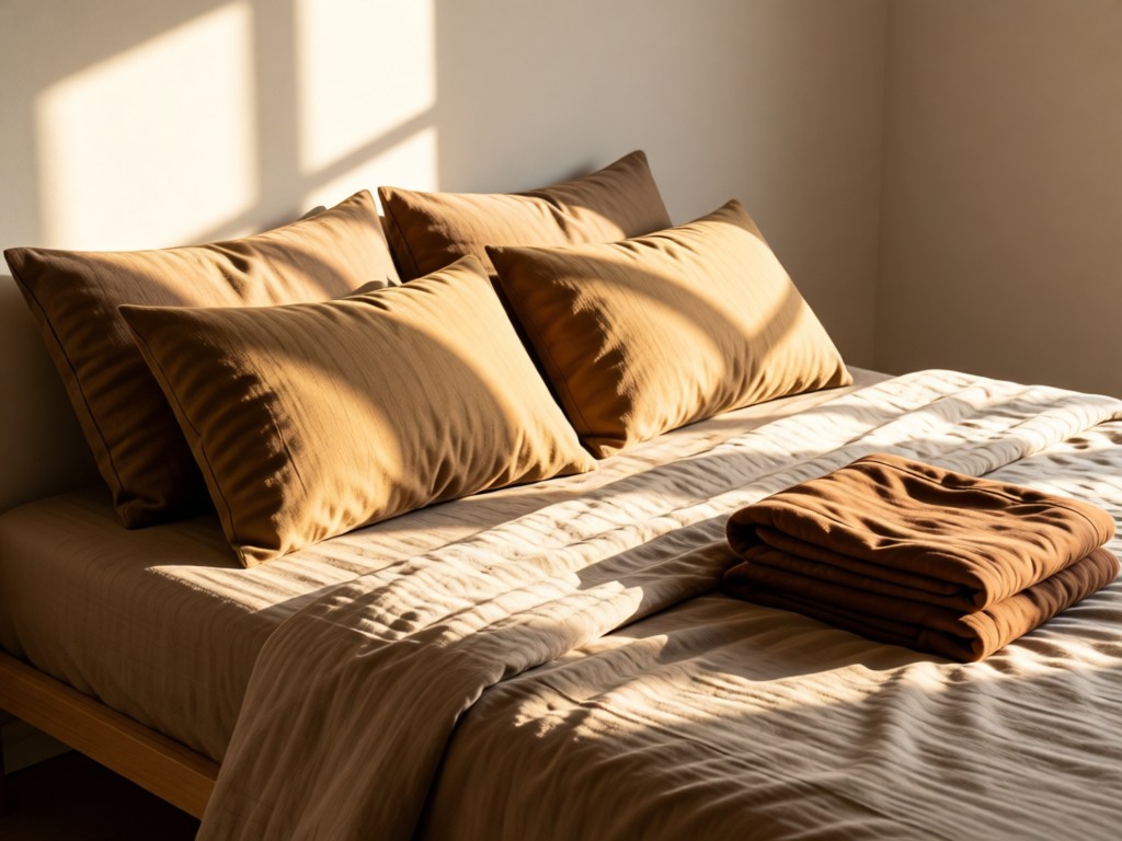 A minimalist bed with perfectly arranged pillows and folded pajamas in earthy tones. Soft dawn light creates texture shadows on organic cotton fabrics. No people.