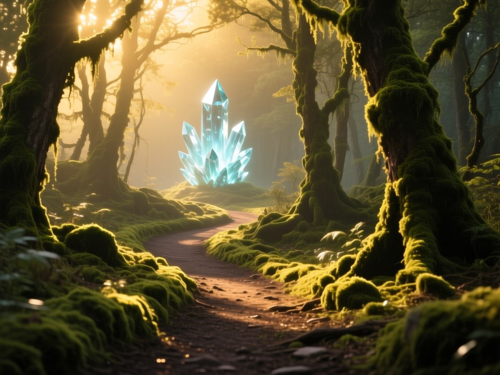 A winding forest path illuminated by dappled golden sunlight, leading to a distant glowing crystal formation, symbolic of spiritual discovery, moss-covered trees, ethereal atmosphere, no human presence.