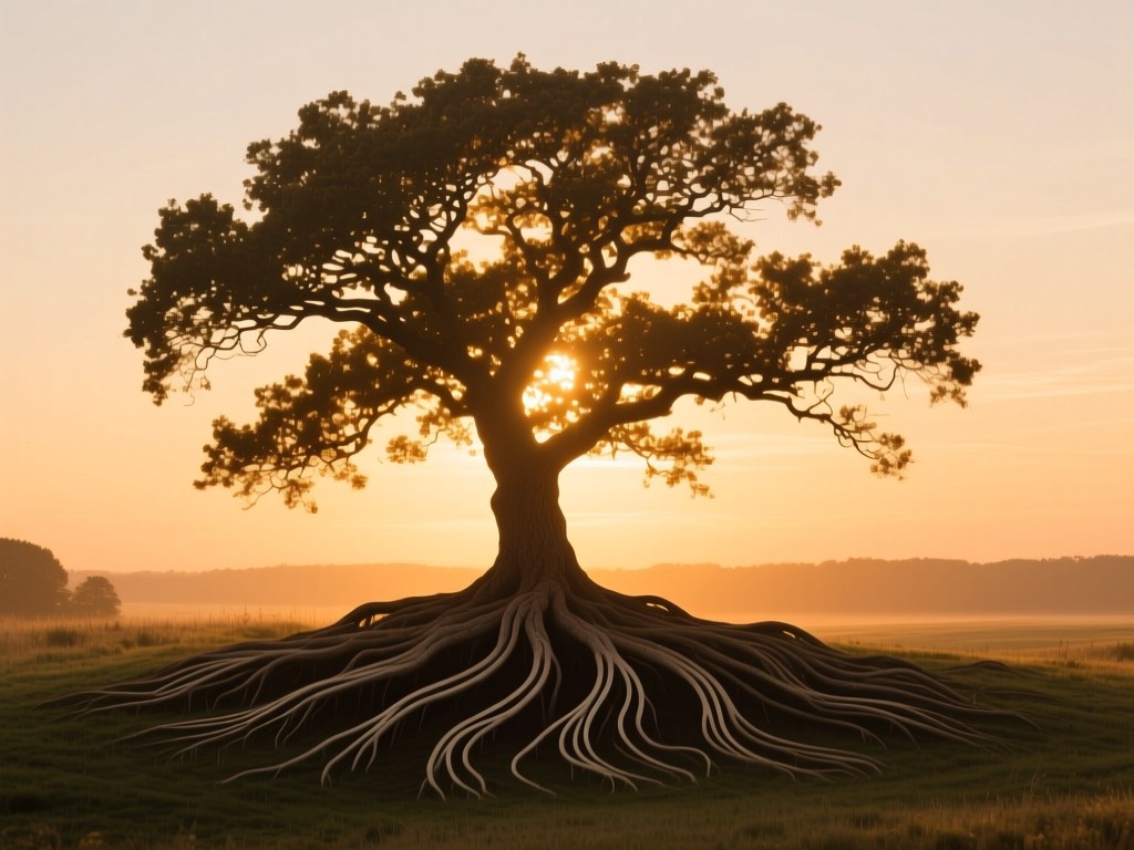 A single oak tree with spreading branches in golden hour light, roots forming sound wave patterns, symbolizing growth and reach, warm sunset tones, minimalist natural scene.