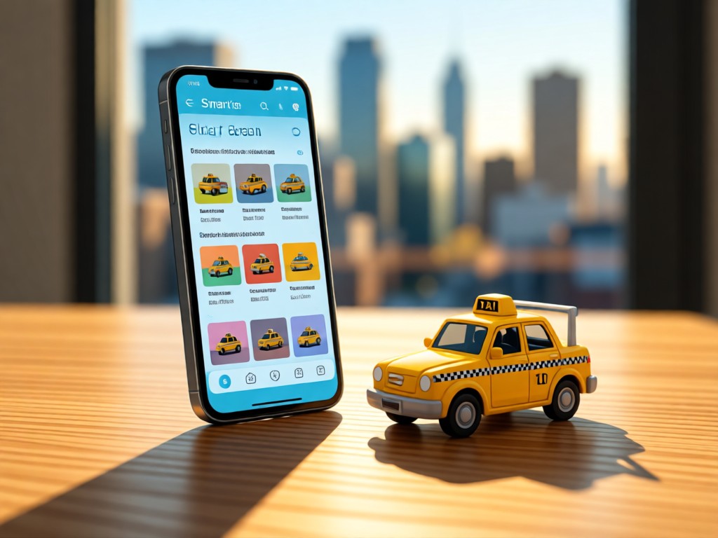 Smartphone displaying clean store interface beside miniature taxi ornament. Sunlight creates warm glow on wooden surface. Blurred cityscape through window. No people.