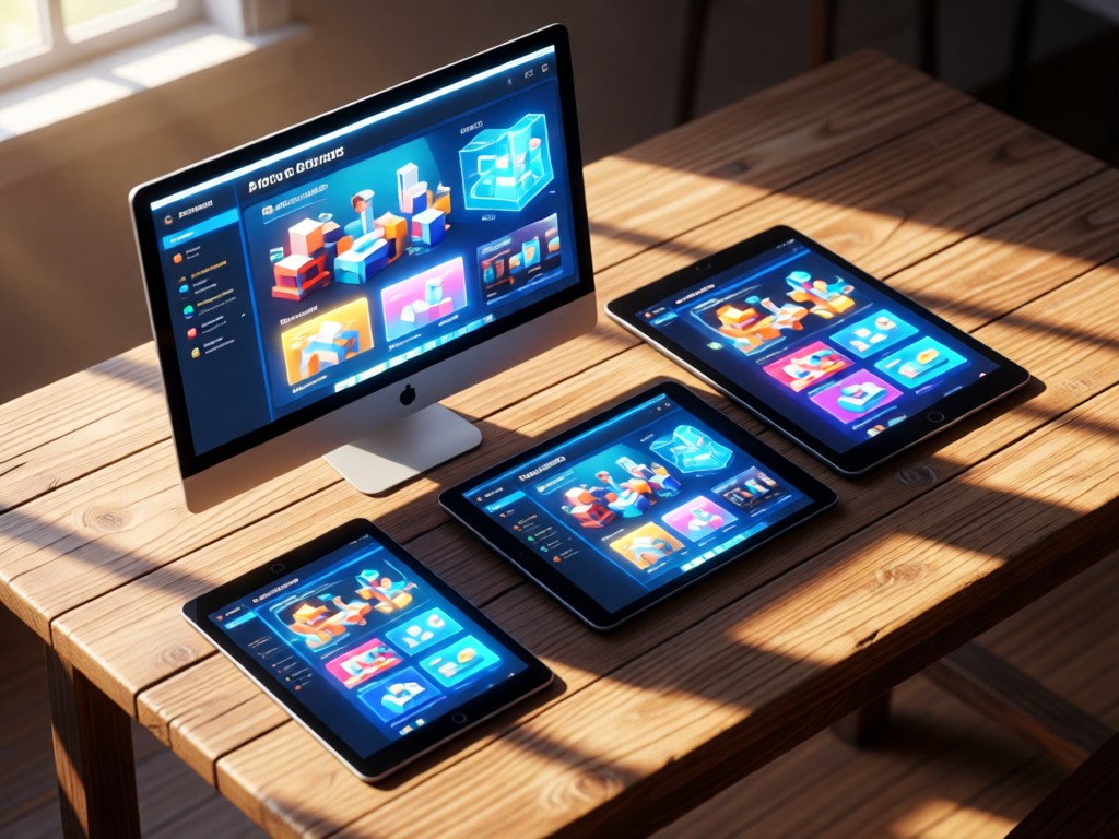 Three glowing screens showing the same 3D portfolio on desktop, tablet, and phone. Arranged diagonally on a rustic wooden table. Soft morning light creates long shadows. No people.