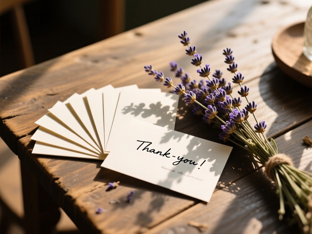 Handwritten thank-you cards fanned beside dried lavender. Soft shadows stretch across a rustic table in afternoon light. Warm and authentic feel. No people.