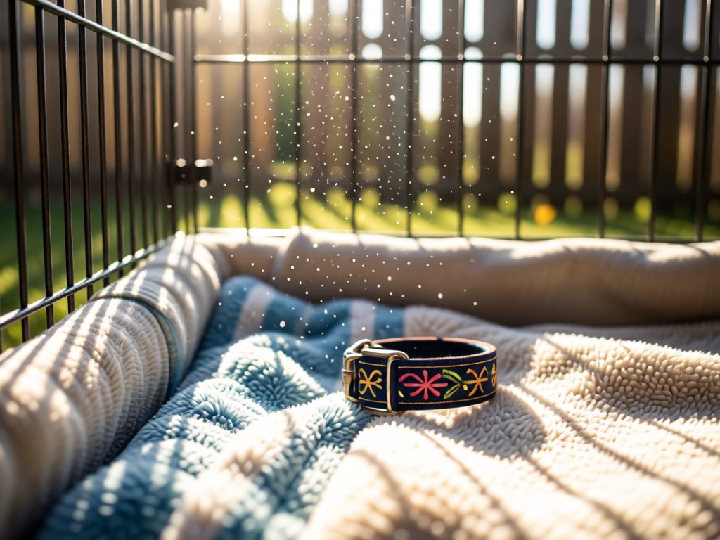 A clean whelping box corner with fresh blankets and a tiny embroidered collar. Sunlight highlights dust motes in the air. Soft focus on background kennel fencing.