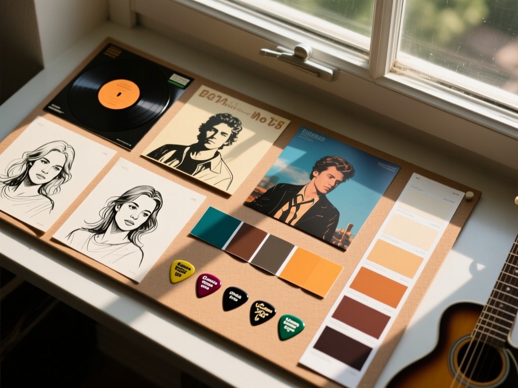 Overhead shot of a mood board with album art sketches, color swatches, and guitar picks. Natural light from nearby window creates texture depth. No people.