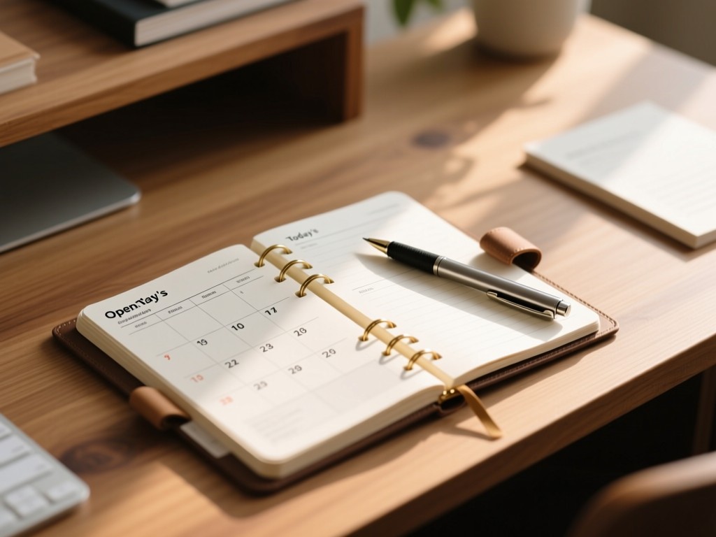 Open planner on wooden desk with pen resting on today's date. Soft natural side lighting. Organized and inviting feel. No people.