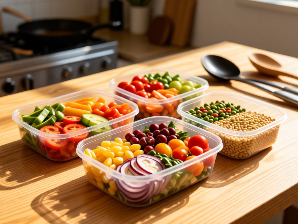 Flat lay of vibrant meal prep containers with colorful ingredients on a light oak table. Golden sunlight highlights textures of fresh produce and grains. Soft focus background with cooking utensils. No people.